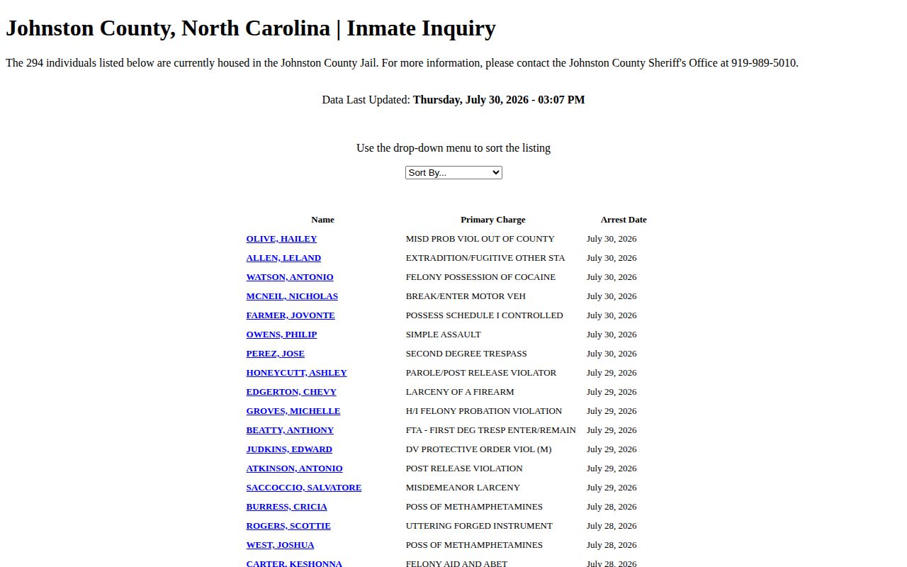 Johnston County Sheriff's Office current inmate list with data update timestamp
